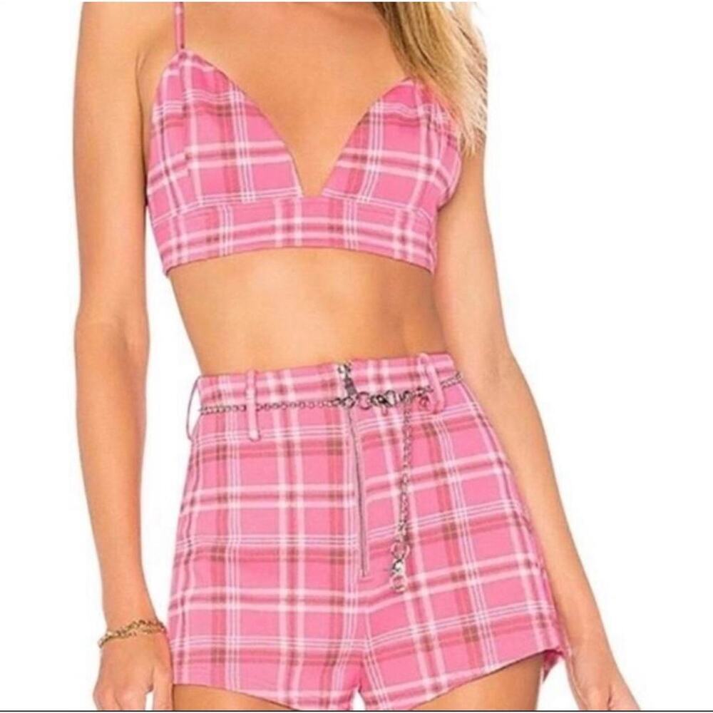 I.AM.GIA Set Pink Plaid Polaris Bralette and High Waist Short Set XS Academia